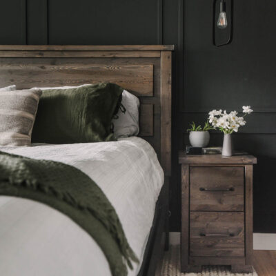 Black bedroom with wood furniture