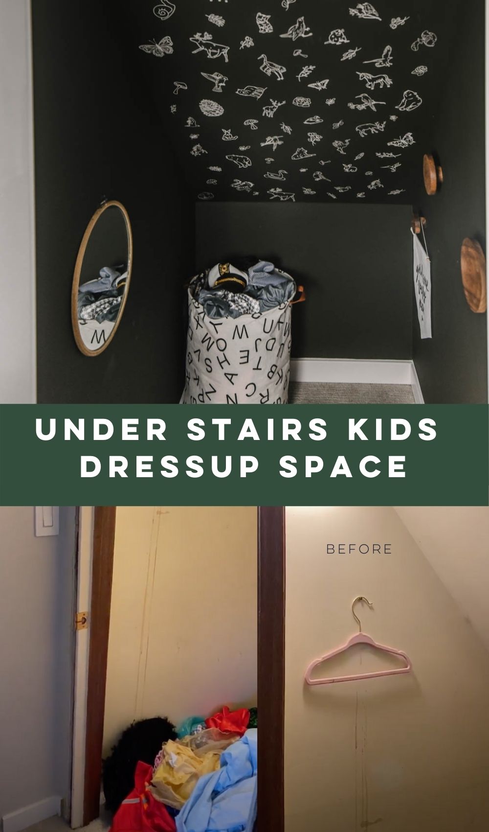 Under stairs transformation! modern kids playroom dress up corner