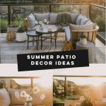 summer deck decor text over collage of three images of deck with glass railing and light grey with wood sectional at golden hour