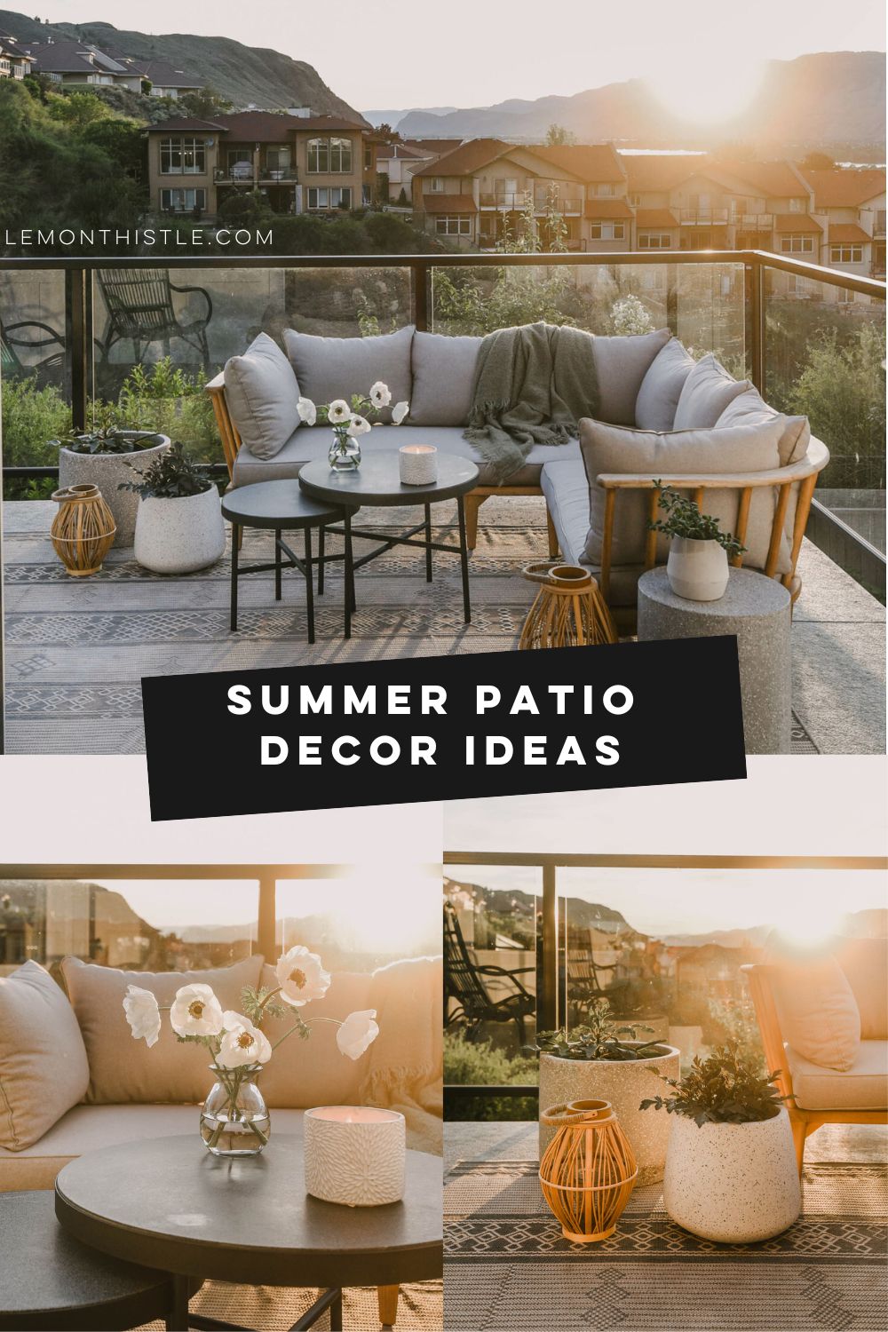 summer deck decor text over collage of three images of deck with glass railing and light grey with wood sectional at golden hour