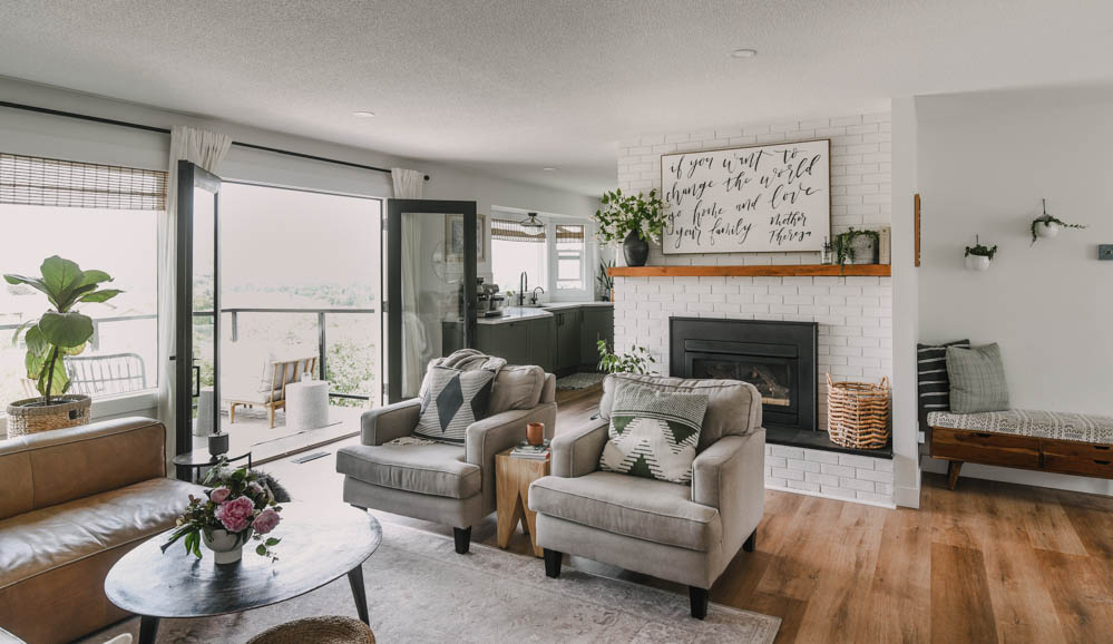 Cozy living room with brick fireplace