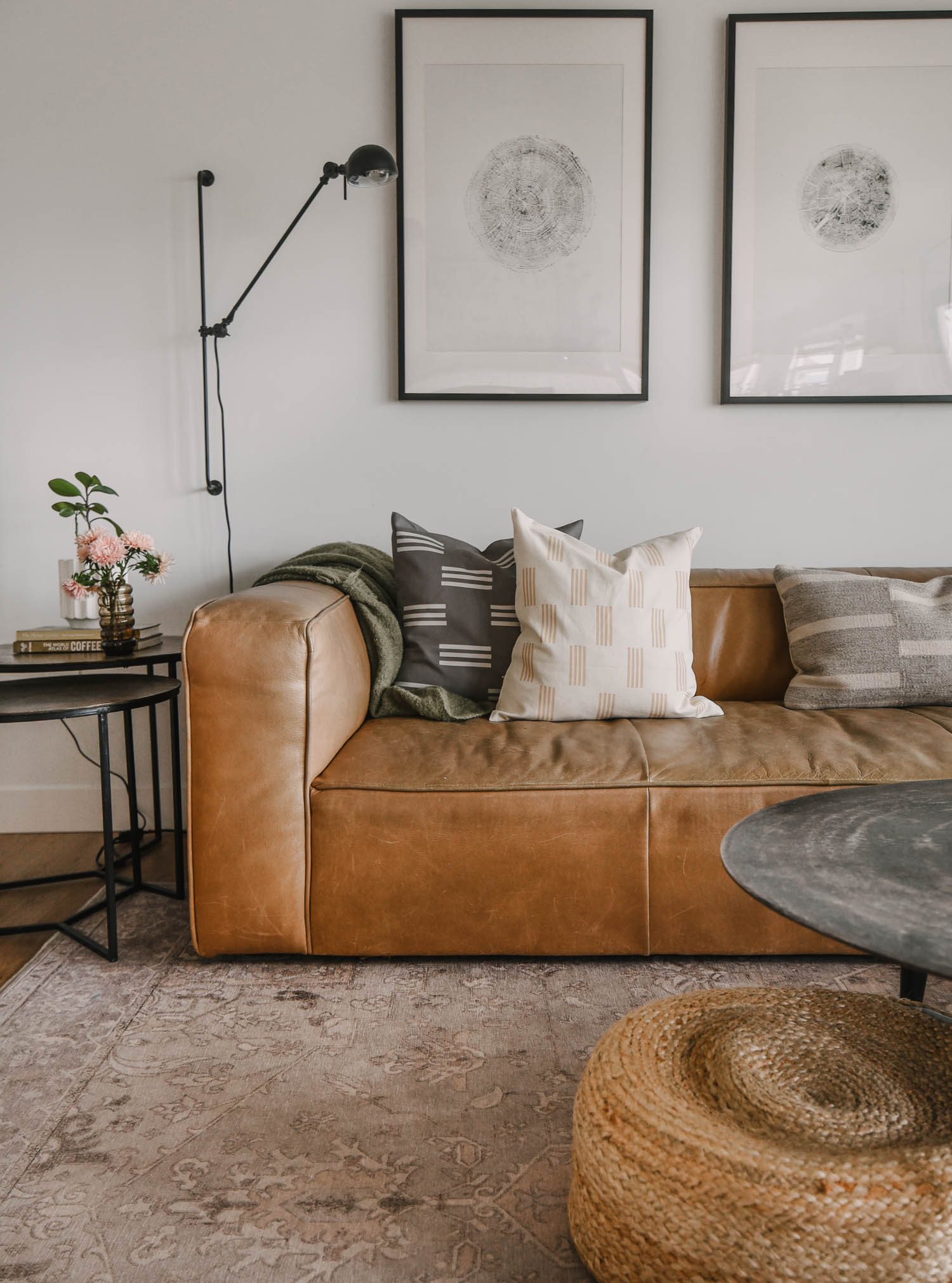 DIY modern cozy throw pillow cover on leather sofa
