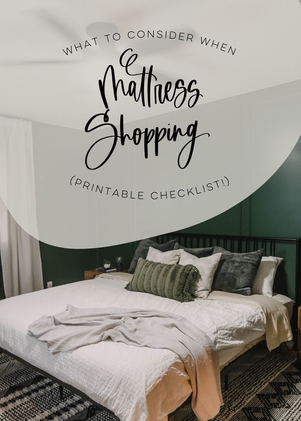 mattress shopping free printable checklist text overlay over photo of bedroom