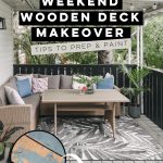 image of beautiful painted wood deck with patio furniture. text over reads 'weekend wooden deck makeover, tips to prep and paint', image overlay of old chipped paint on deck boards