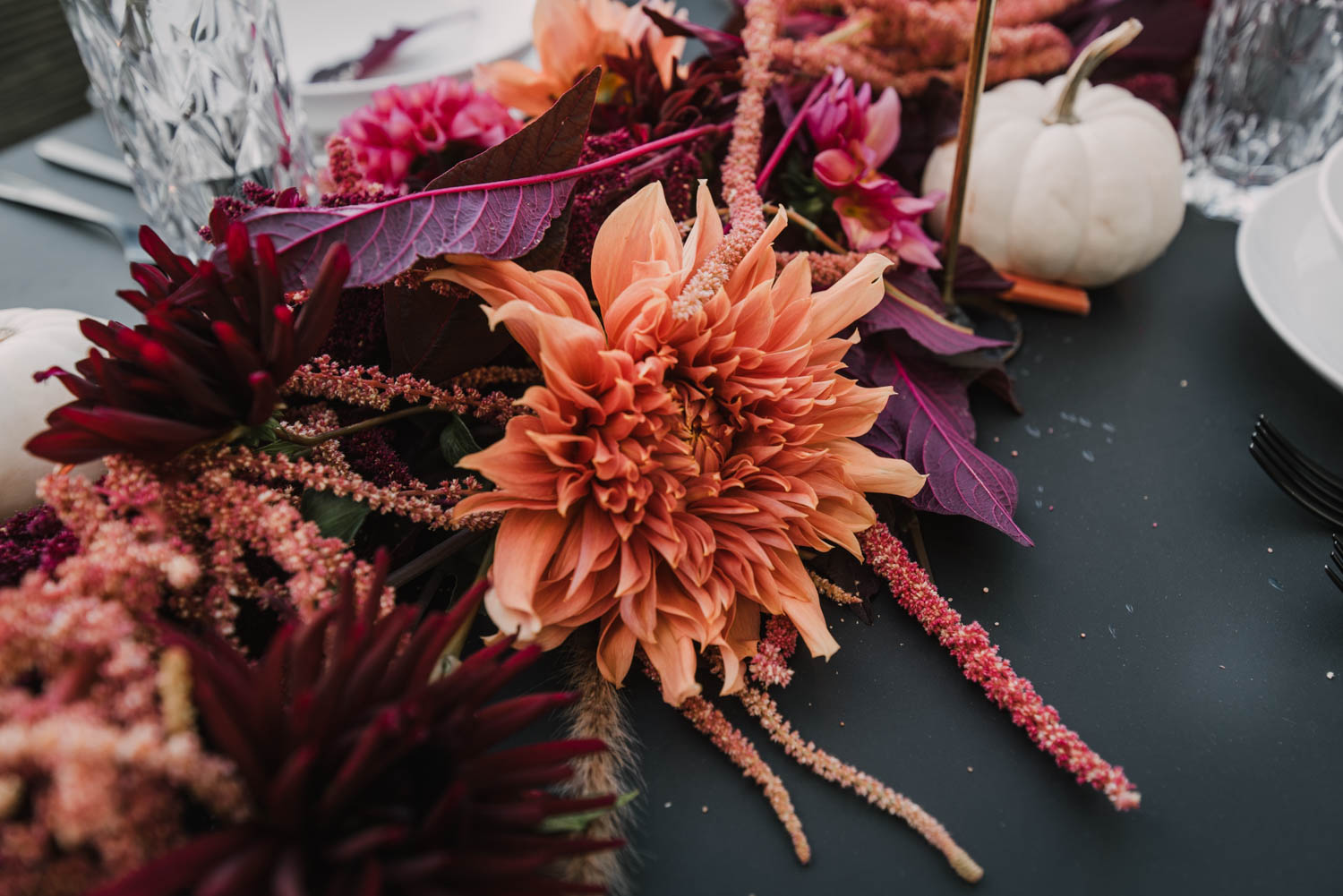 Giant Dahlias in this unique fall table setting