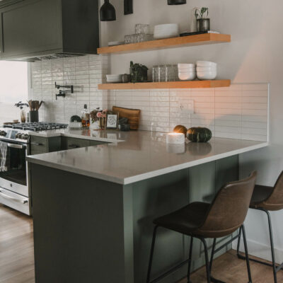 Green kitchen decorated for fall