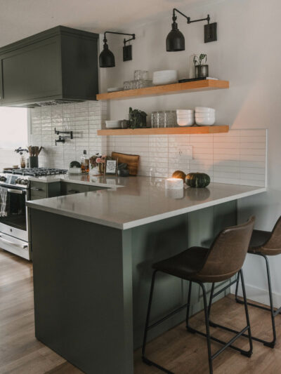 Green kitchen decorated for fall