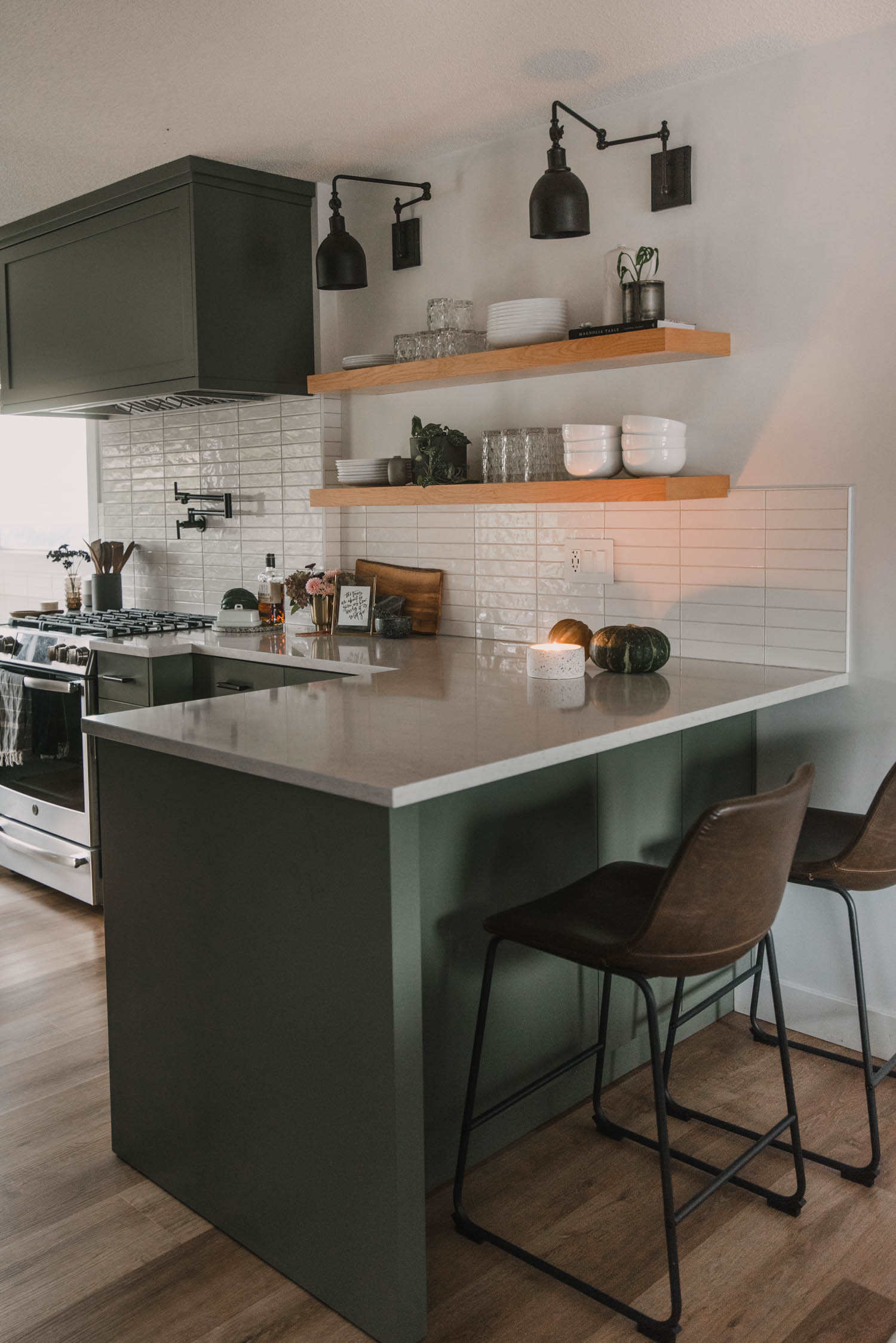 Green kitchen decorated for fall