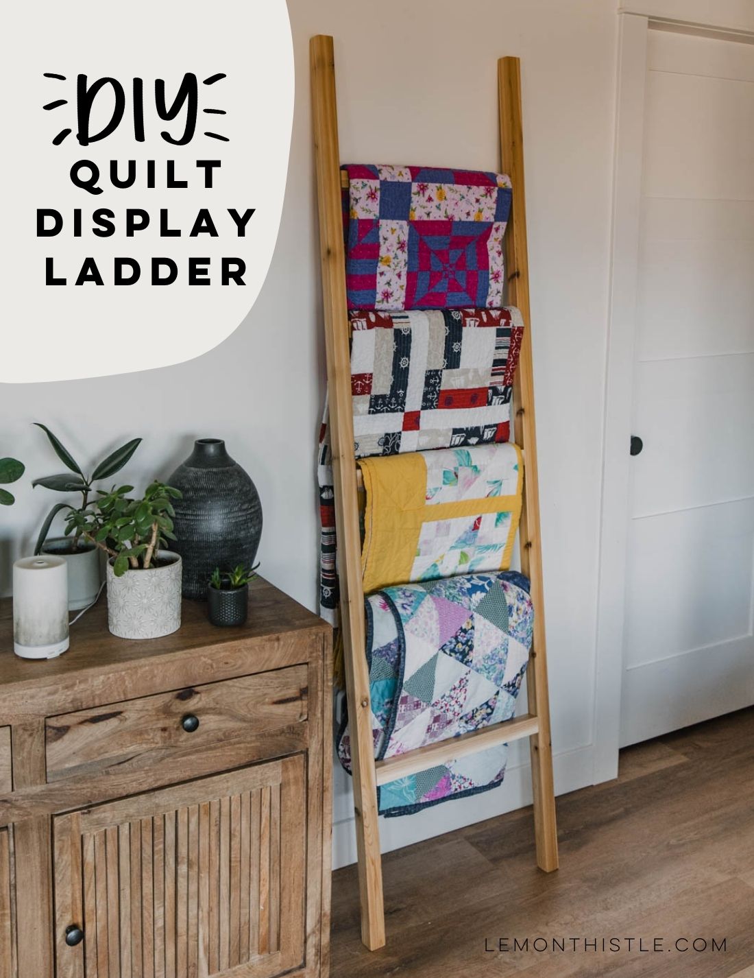 Quilt Display Ladder with text overlay