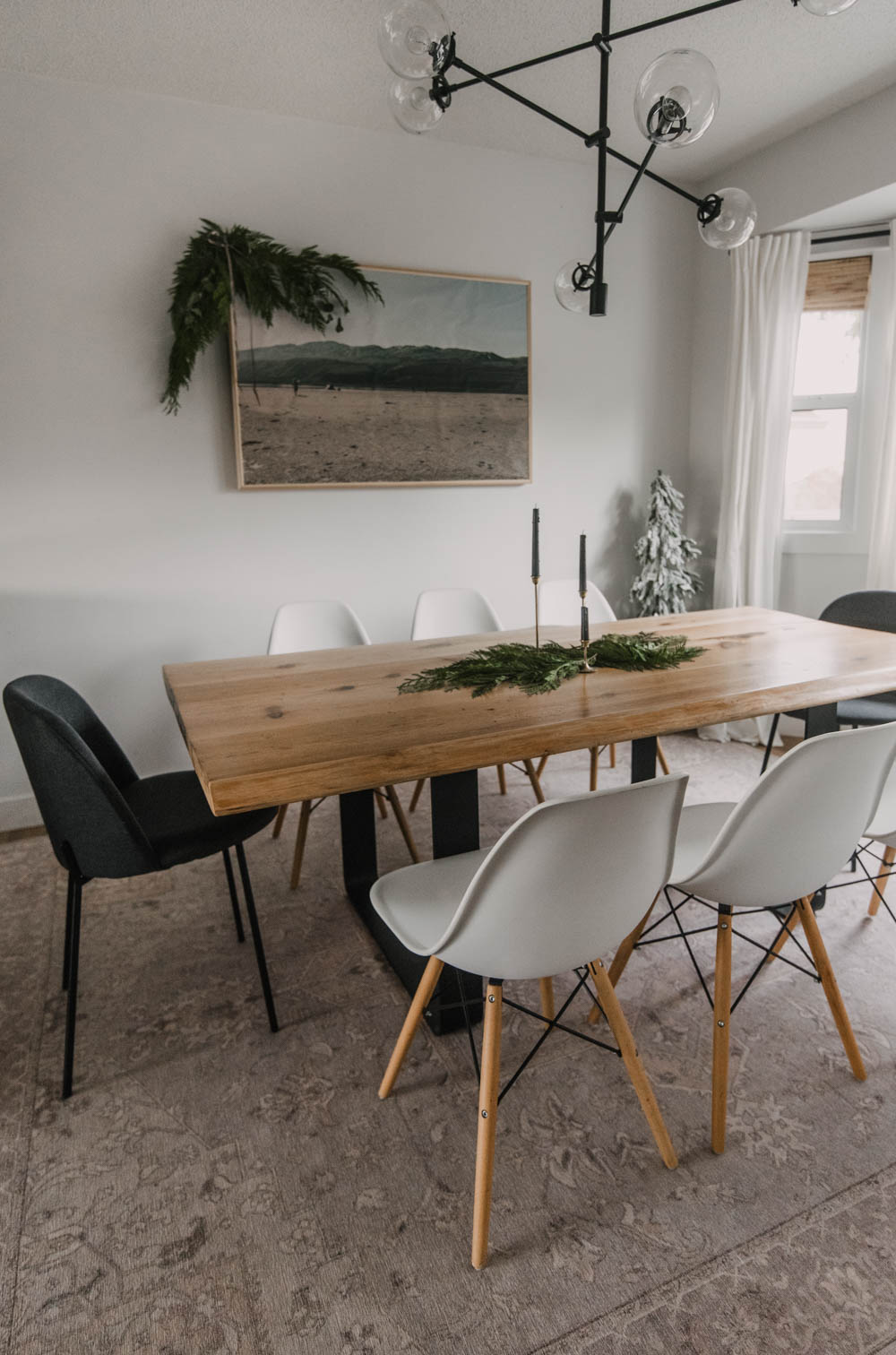 dining room with fresh cedar for christmas