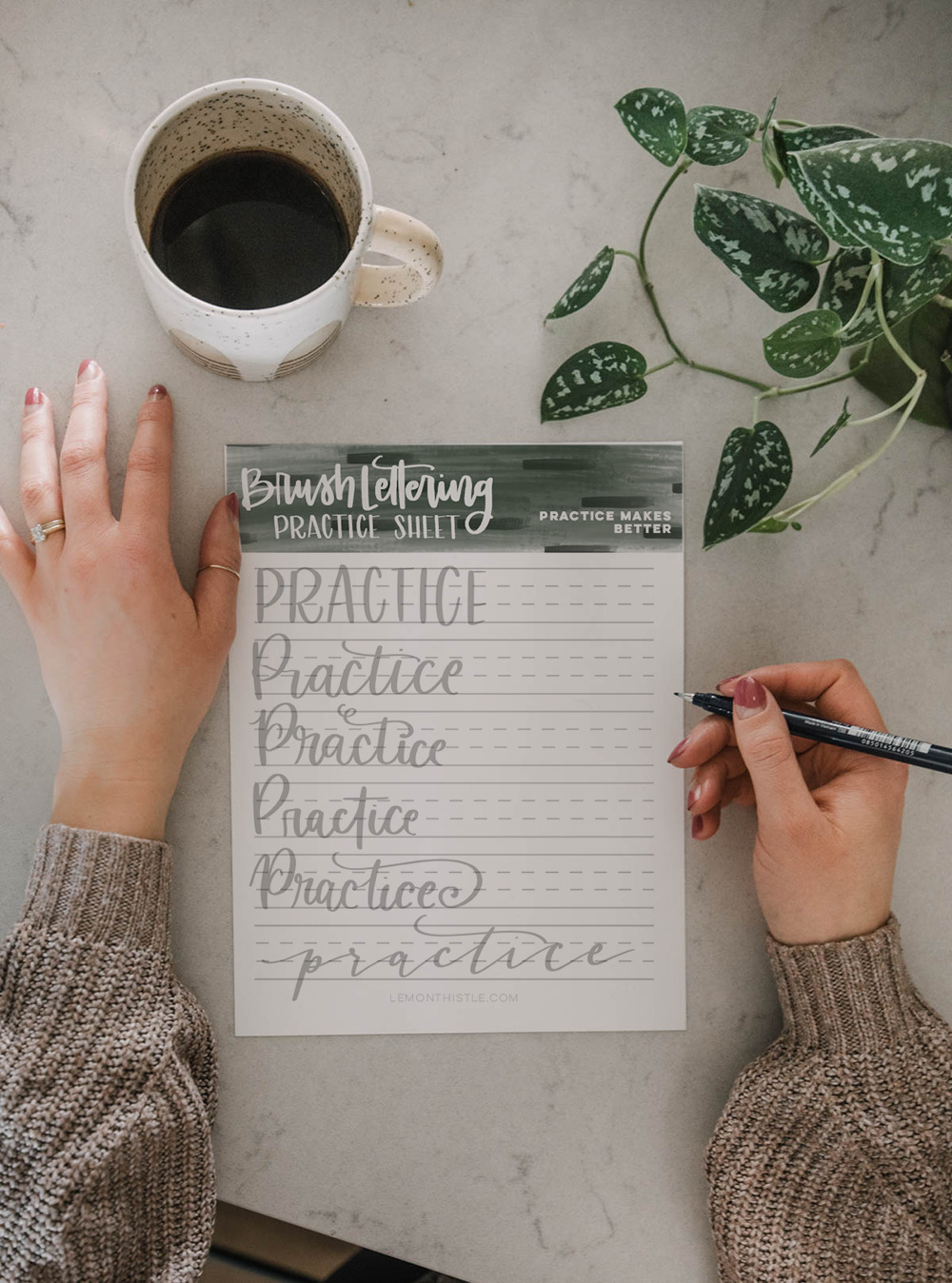 hand lettering tracing sheet with word "practice"