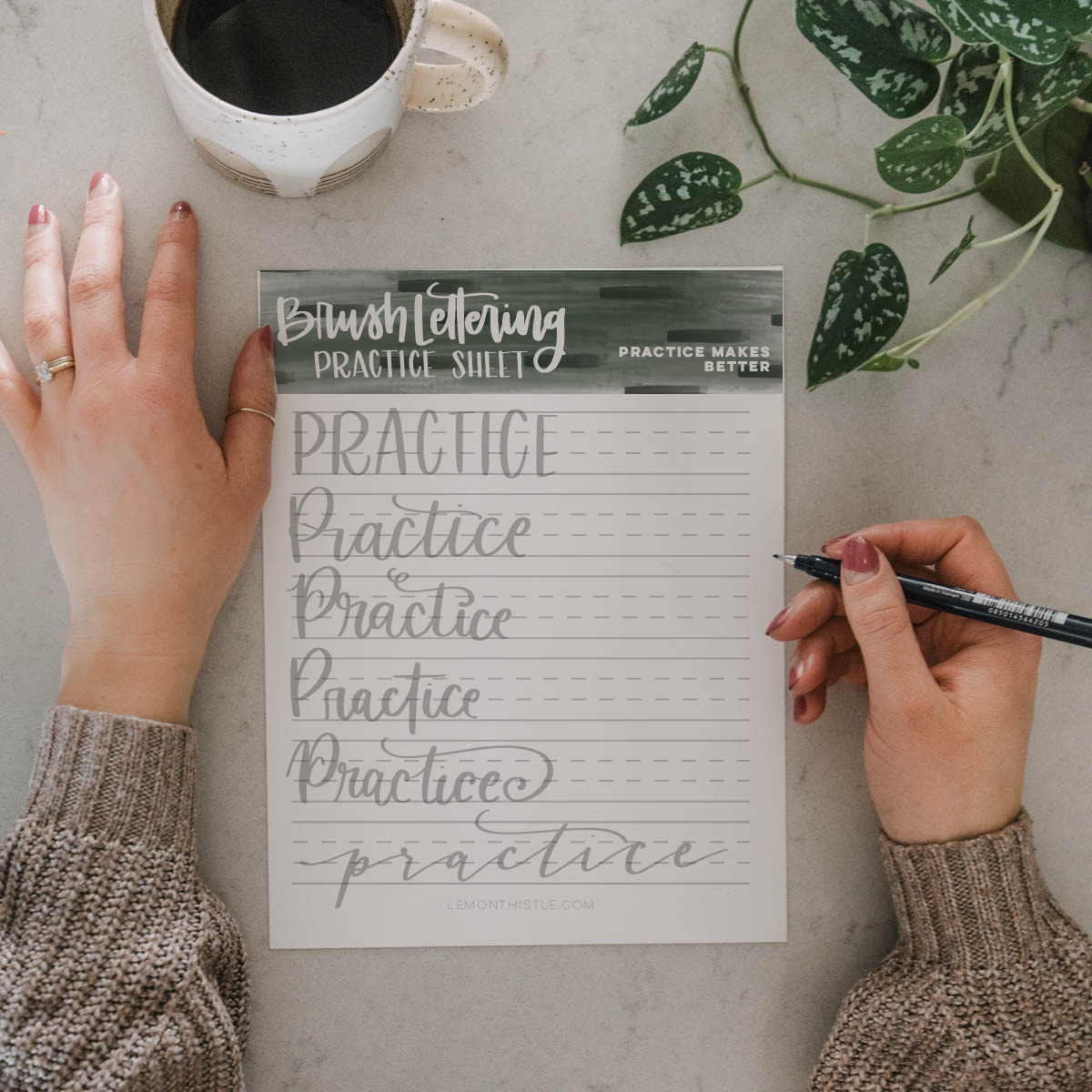 hand lettering tracing sheet featured with the word "practice" 