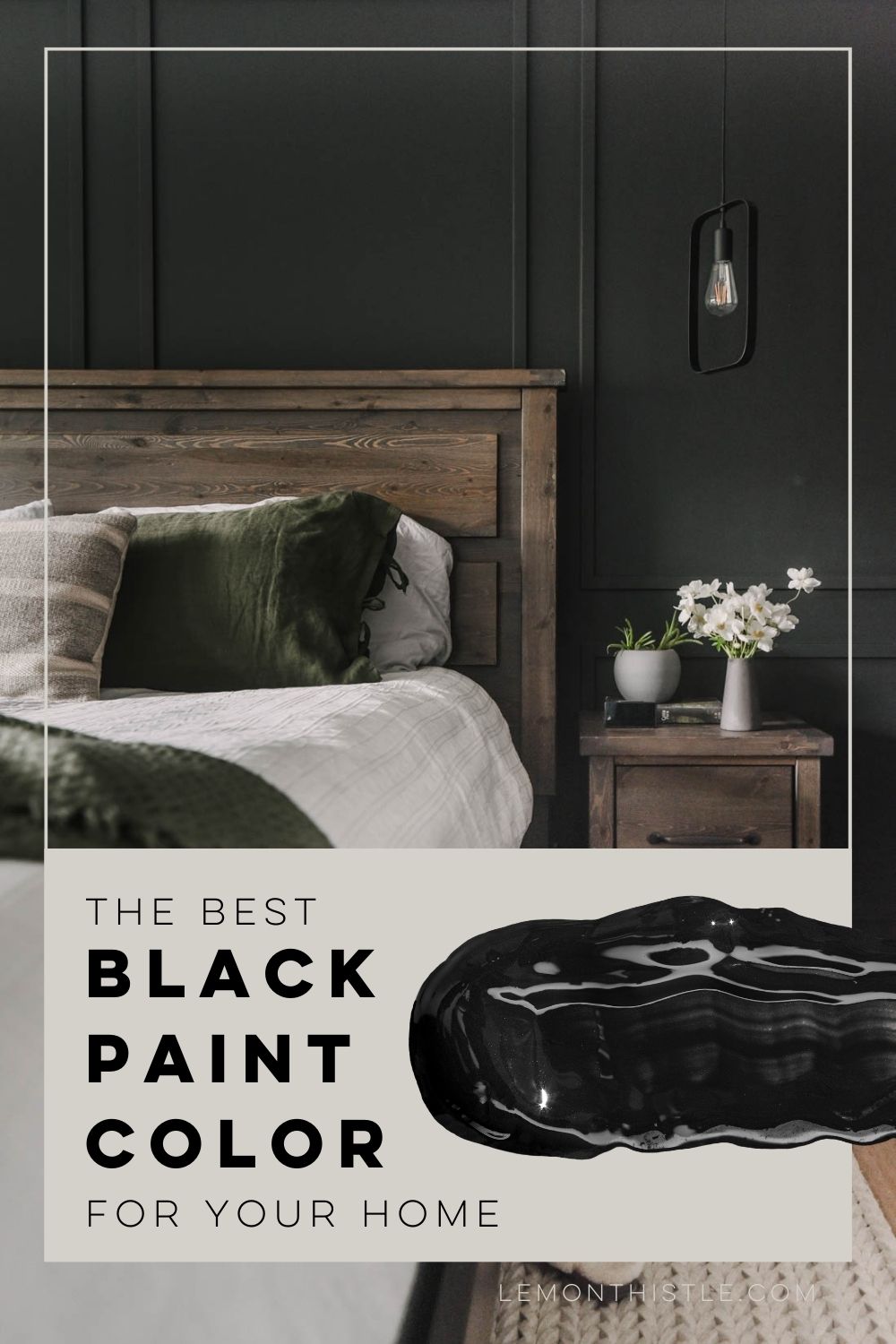 image of black bedroom with text over ' the best black paint color for your home'