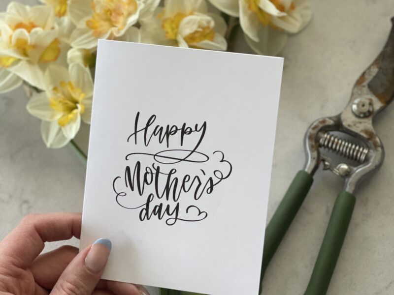 Hand lettered mothers day card with daffodils