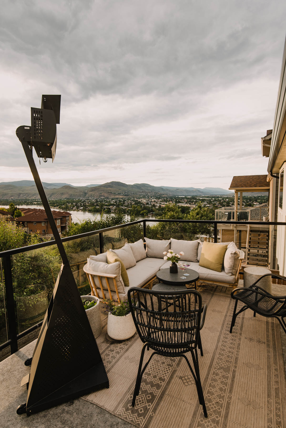 deck with a view- patio heater and corner sectional