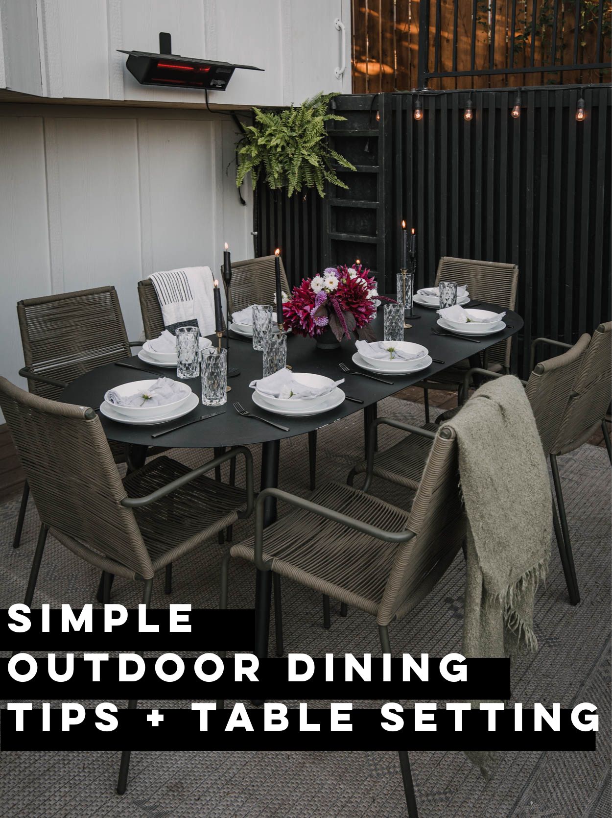 Simple outdoor dining tips and table setting (text over image)