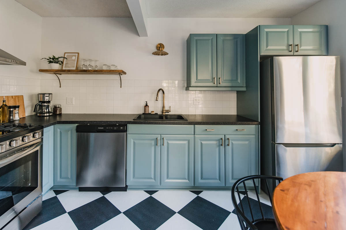 Blue Kitchen Design- painted cabinets and checkerboard floors