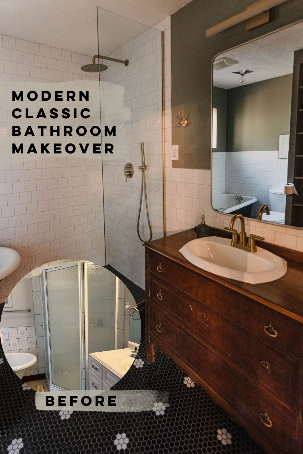 DIY Bathroom Makeover pin with text over: modern classic bathroom makeover