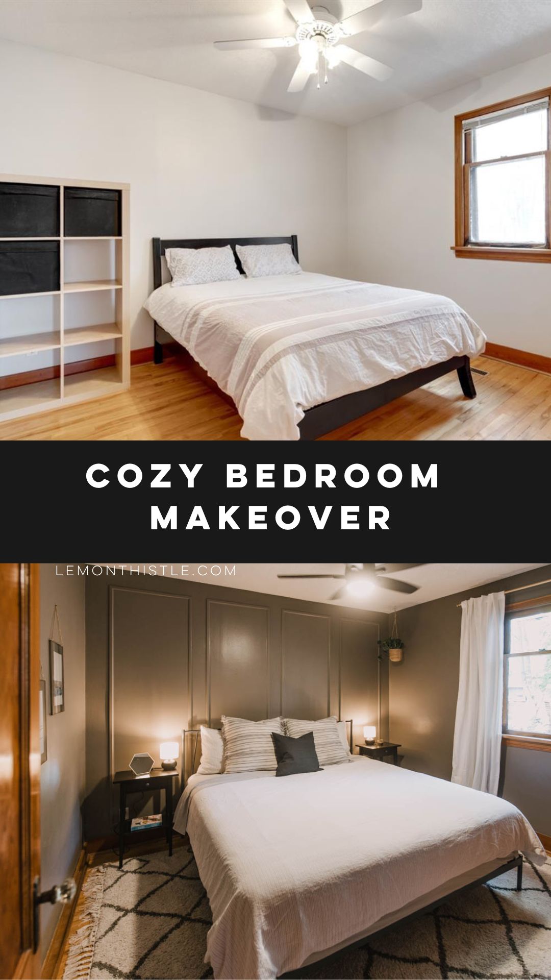 Dark and moody bedroom makeover with cozy taupe walls
