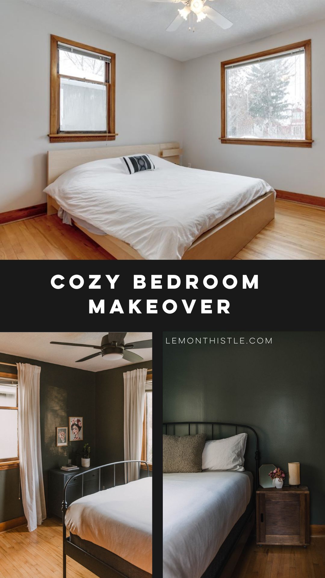Dark and moody bedroom makeover with cozy green walls and wood trim (before and after photos)