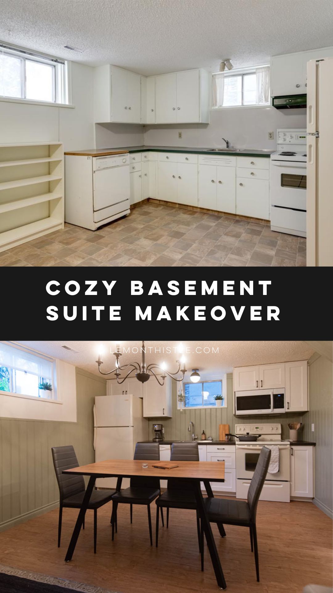 ikea cabinets and green beadboard in this modern farmhouse basement suite makeover