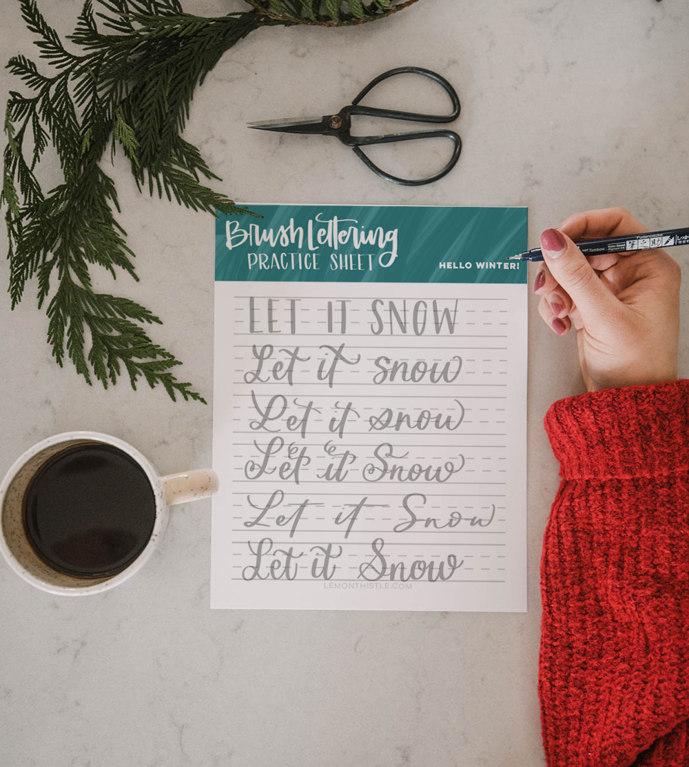 'let it snow' hand lettering practice page printable