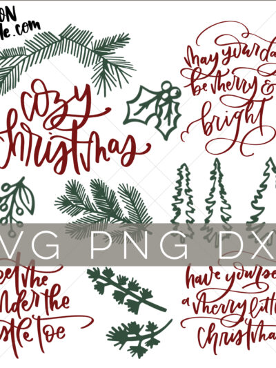 Cozy Christmas SVG Bundle- hand lettered holiday phrases and line art christmas greens for your crafting