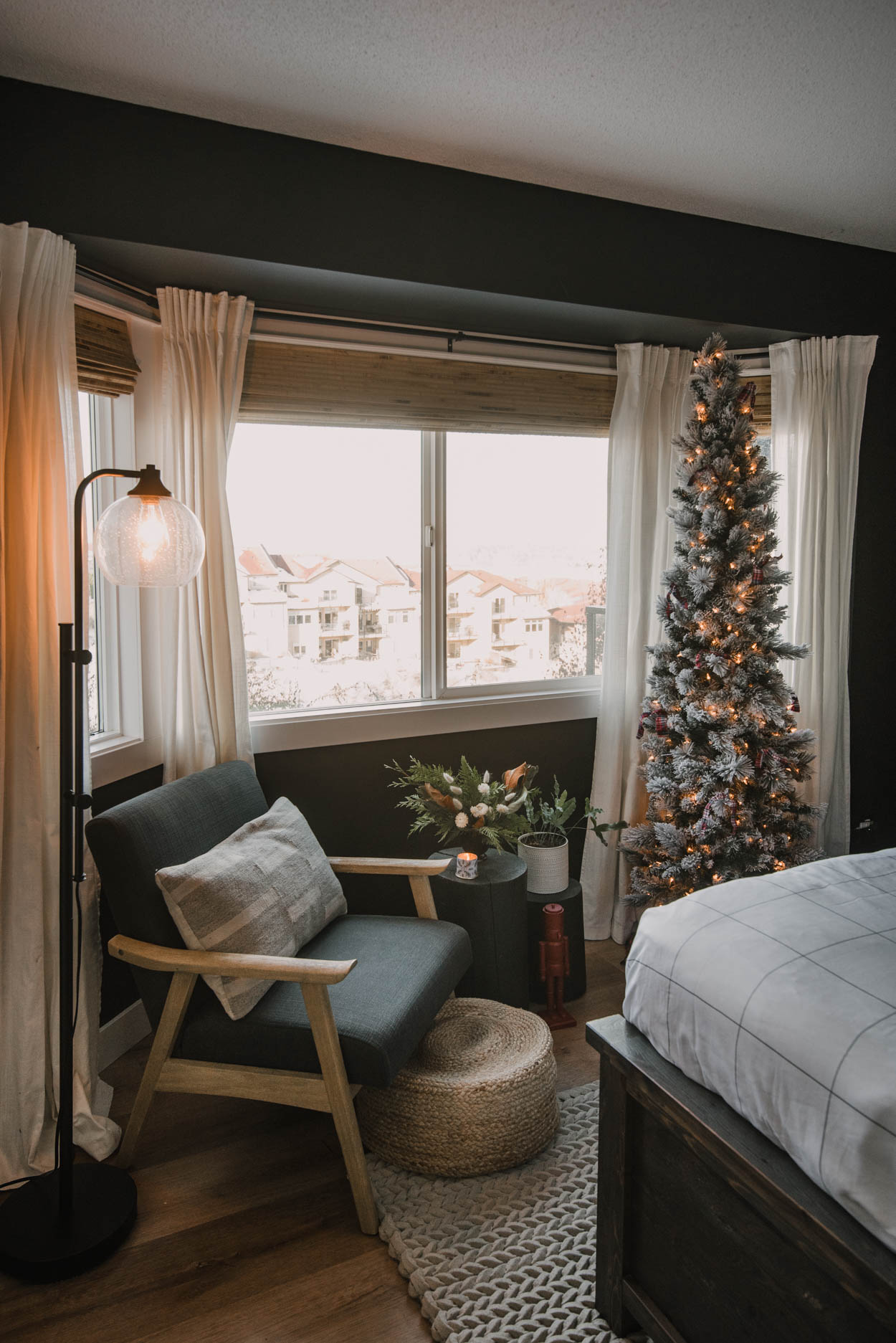 cozy Black bedroom with simple holiday decor
