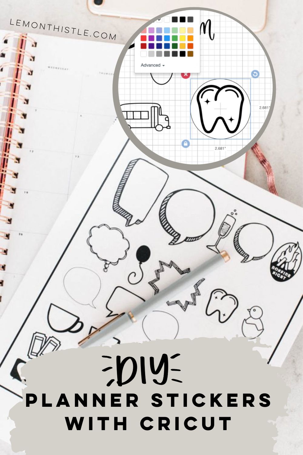 planner stickers with day timer, text overlay reads: DIY planner stickers with cricut