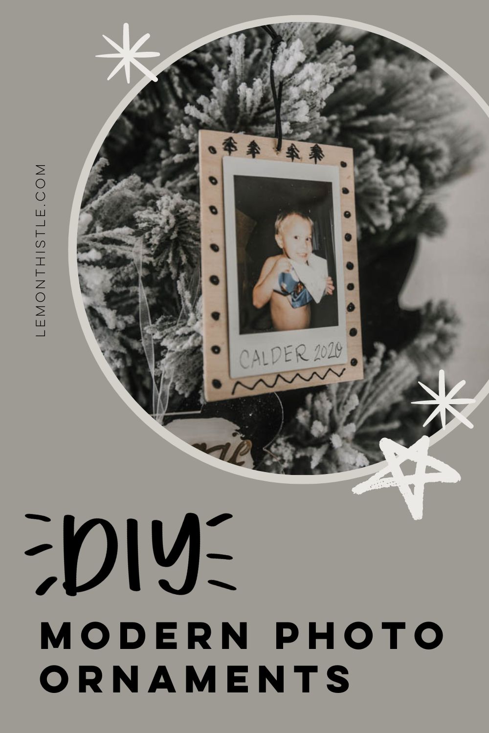 Scandi Inspired photo ornament diy- text reads DIY photo ornament tutorial