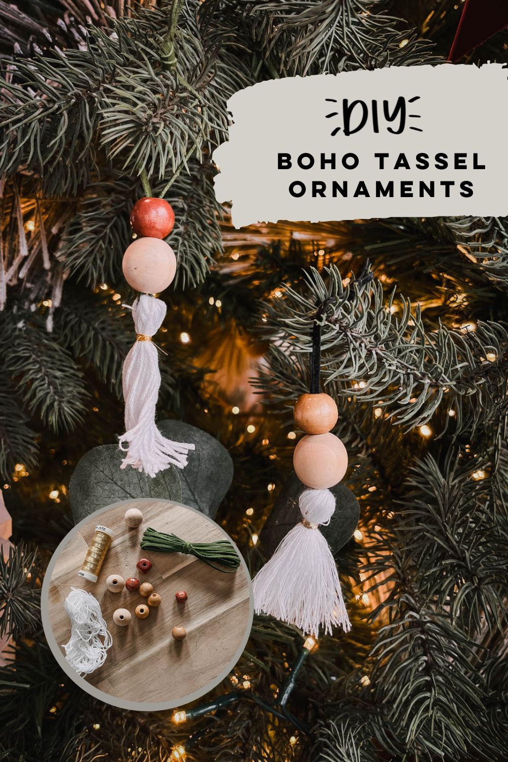 Simple DIY Tassel Ornaments using thread, wooden beads and leather cord.