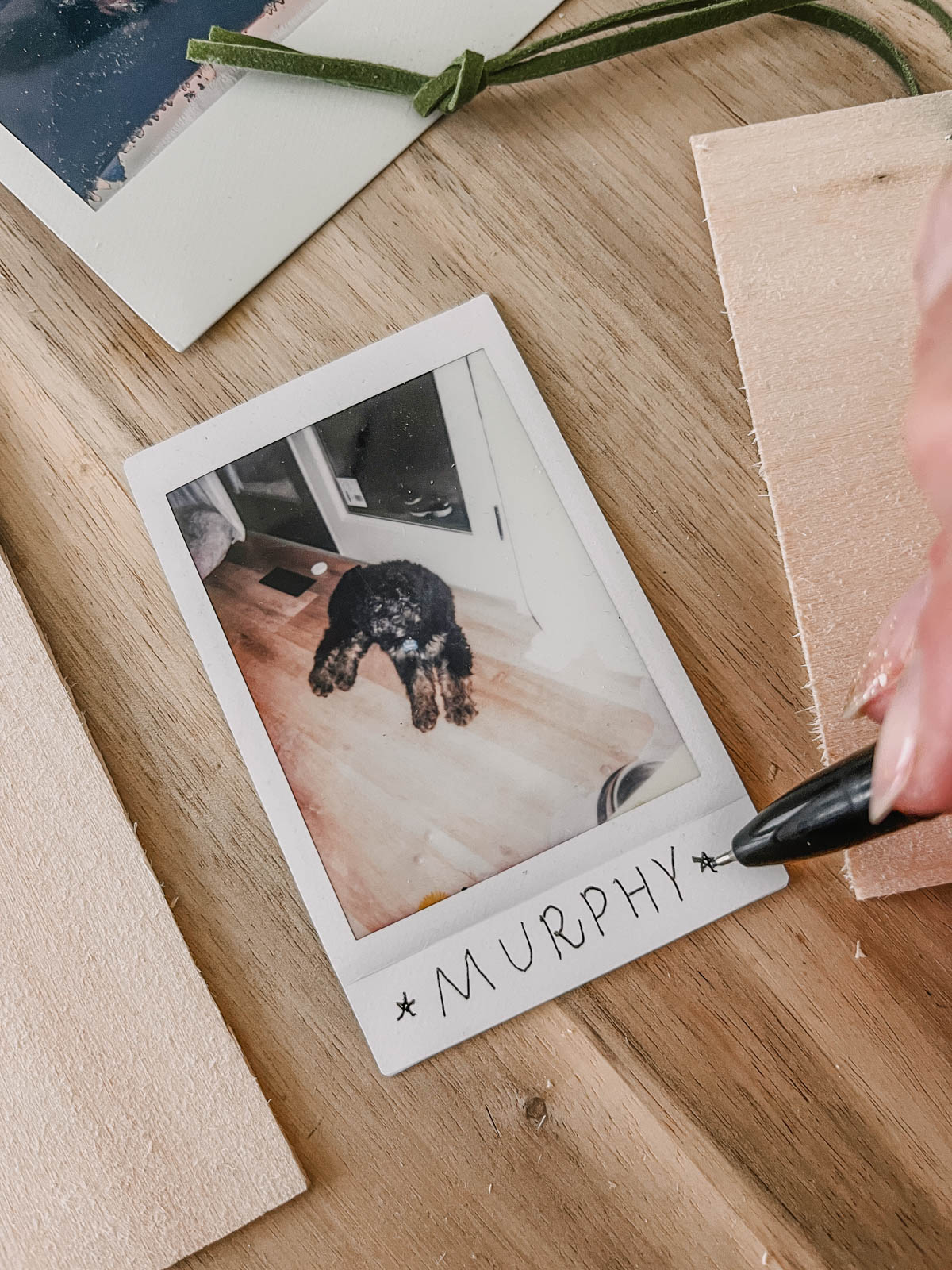 DIY Photo ornaments- write name or date on the polaroid photo