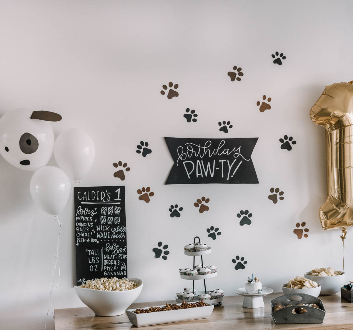 First birthday party with a puppy theme- paw prints backdrop and puppy balloon