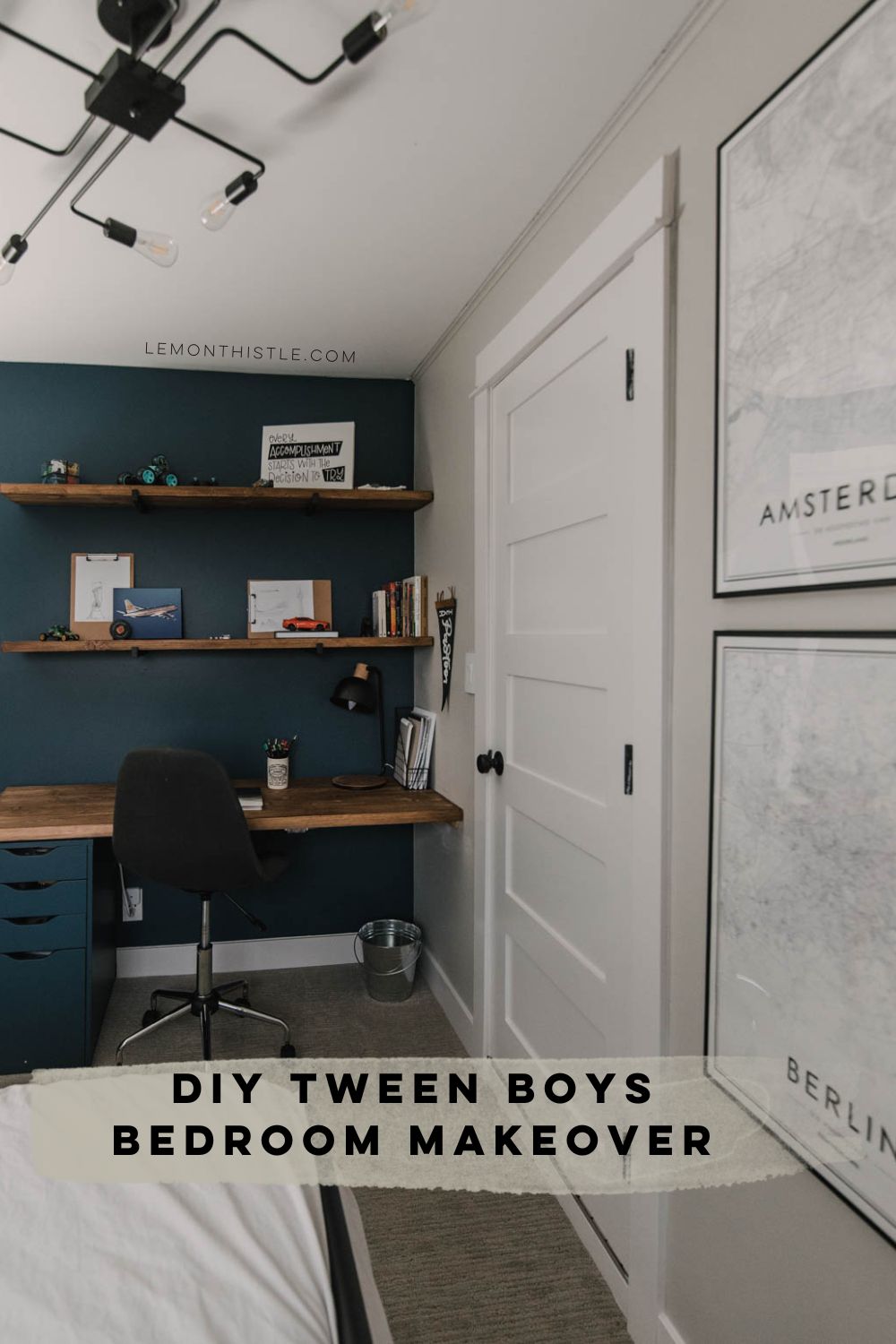 image of  built in desk and dark blue walls, text reads DIY Tween Boys Bedroom Makeover