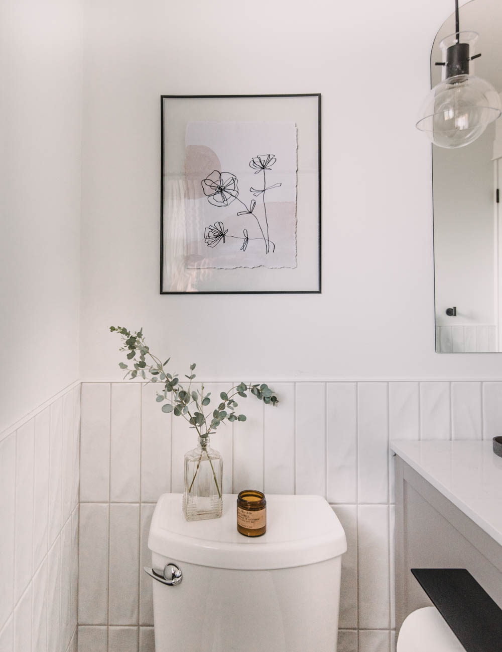 DIY Line Art and Watercolor wall decor in floating frame for a bathroom