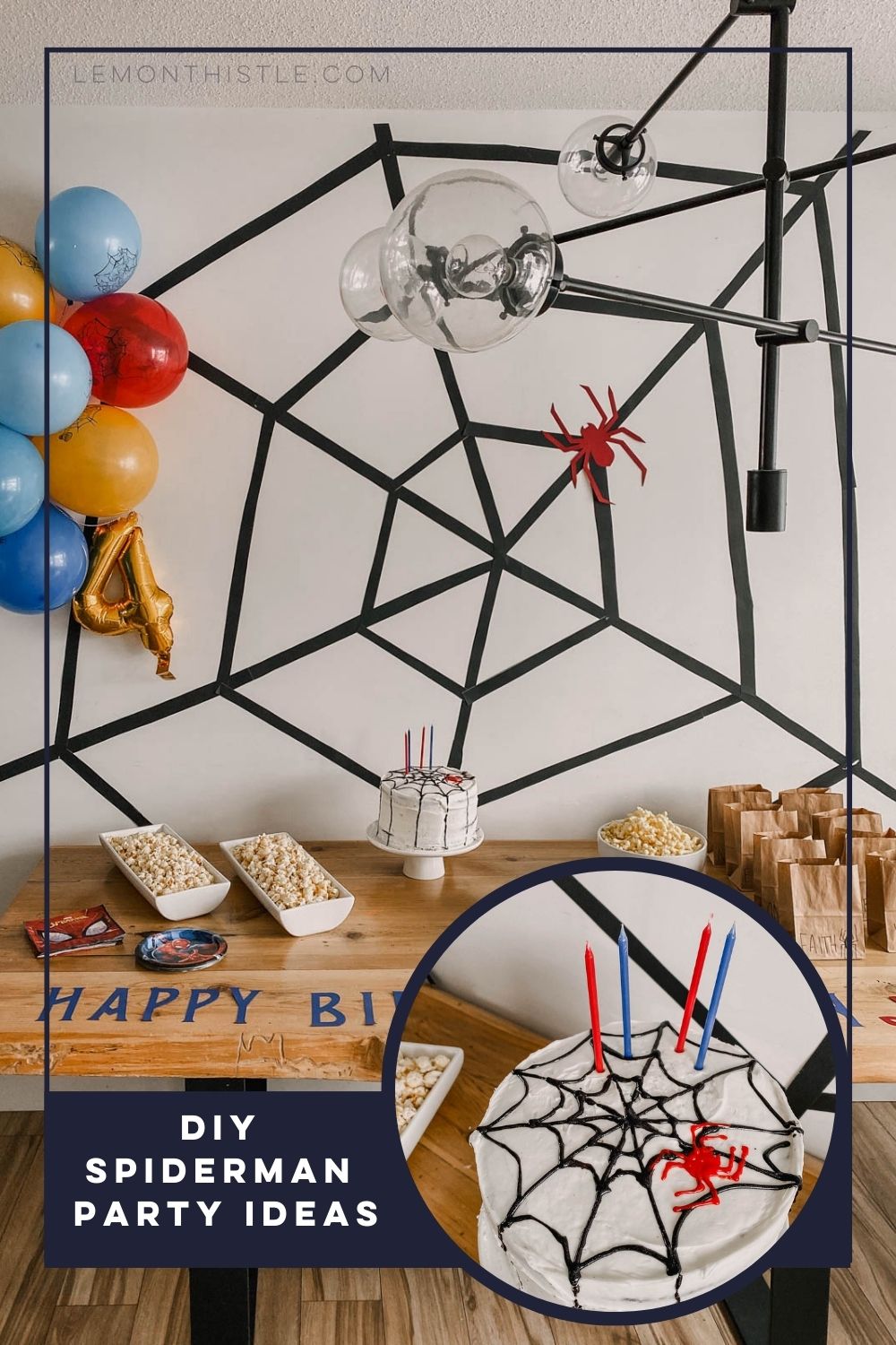 DIY Spiderman birthday party ideas text overlaid on photo of party table with large spider web back drop