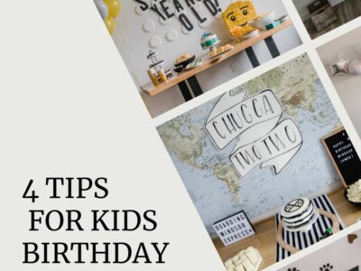 collage of kids birthday party images with text reads: 4 tips for kids birthday party decor on a budget