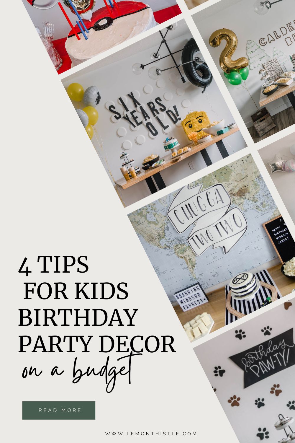 collage of kids birthday party images with text reads: 4 tips for kids birthday party decor on a budget