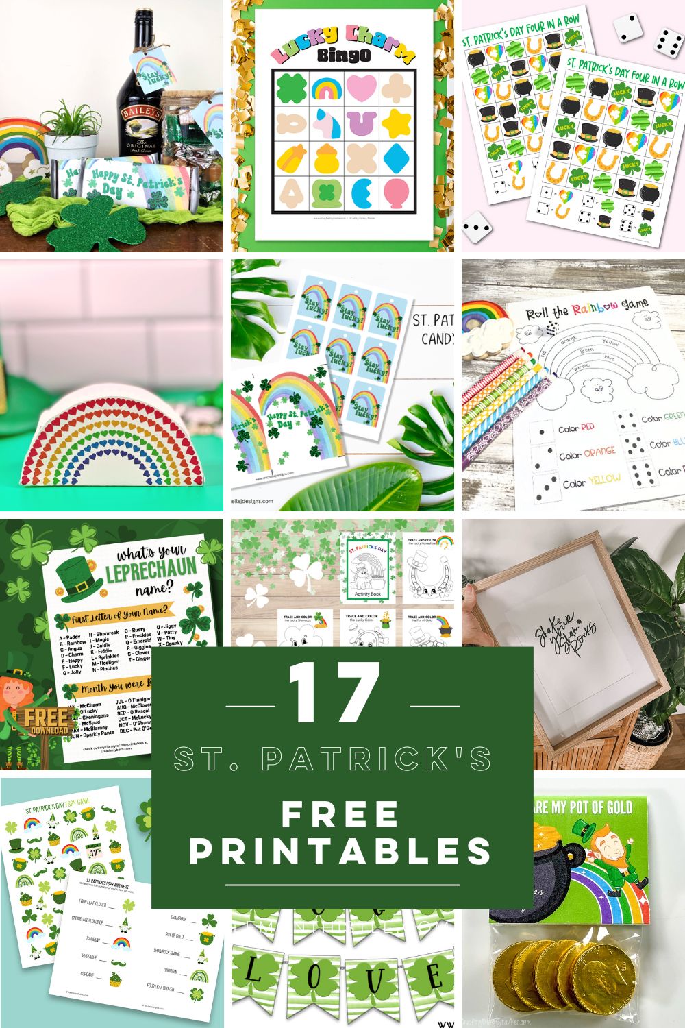 collage of 17 Free printables for saint patricks day plust text over reads 17 saint patricks free printables