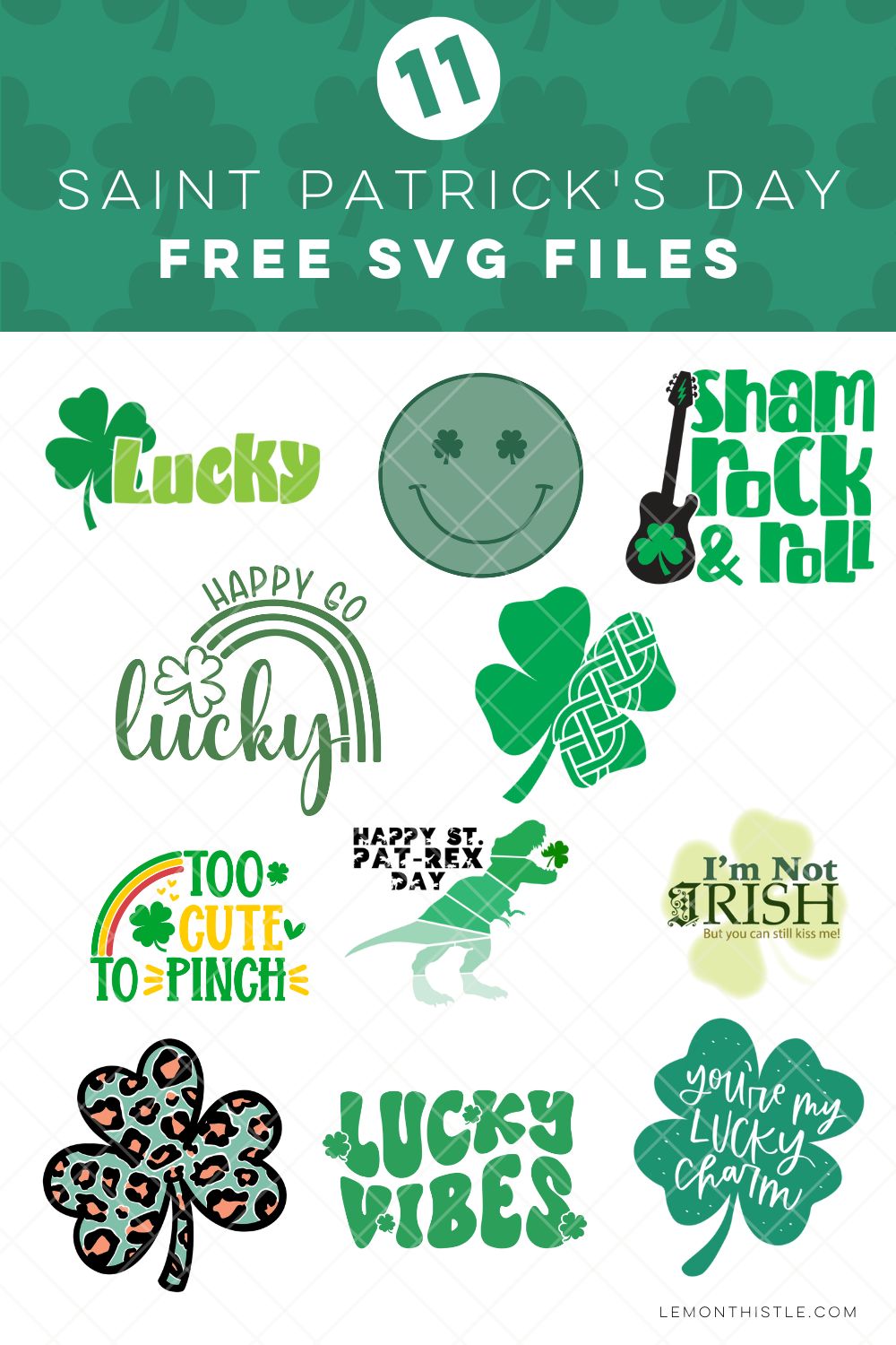 collage of saint patrick's day cut files. title reads" saint patricks day free svg files