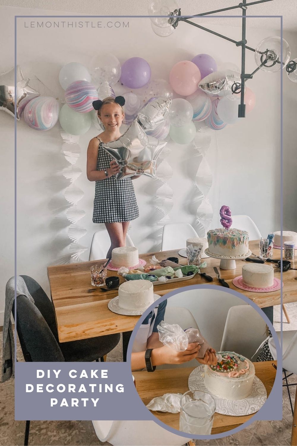 DIY Cake Decorating Party - girl standing in front of party decorations, image overlay of boy decorating cake at the party