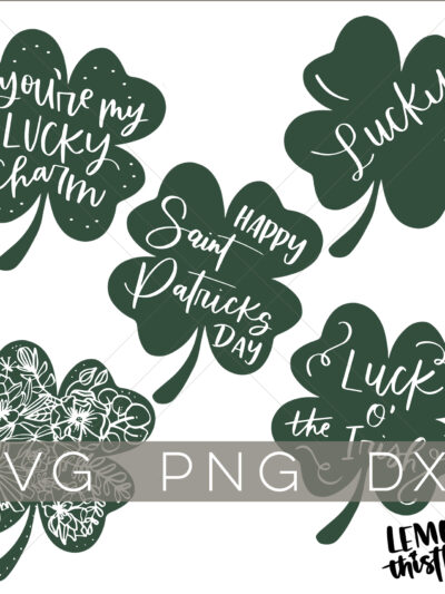 collage of 5 hand lettered shamrocks for saint patrick's day, overlay reads SVG PNG DXF