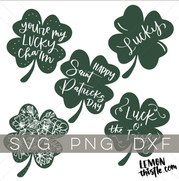 collage of 5 hand lettered shamrocks for saint patrick's day, overlay reads SVG PNG DXF