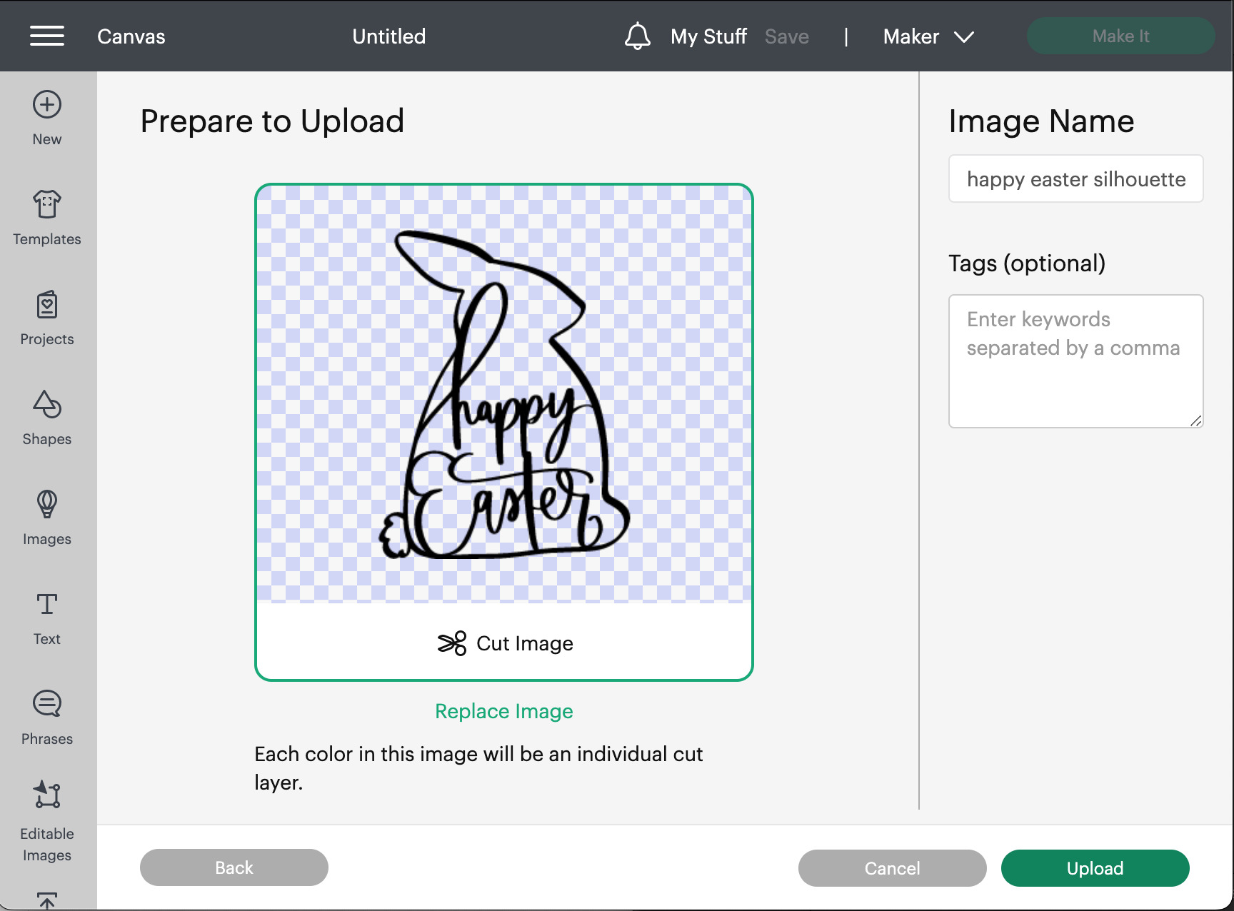 how to insert the free happy easter bunny svg file to cricut design space