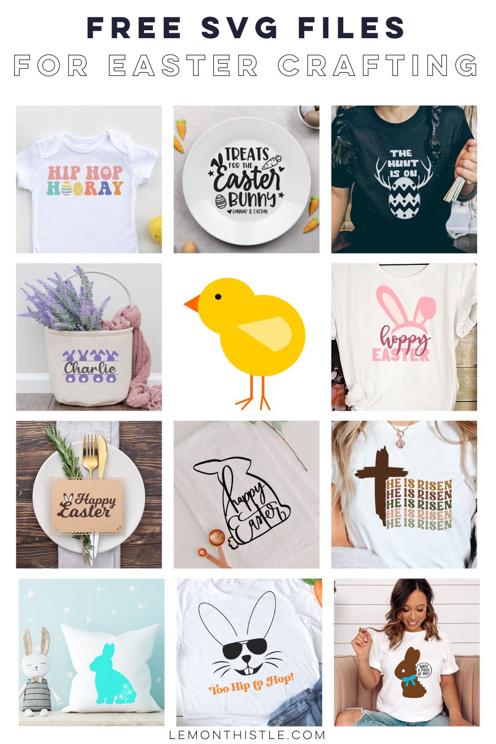 Free SVG Files for Easter- collage of 12 easter designs on projects