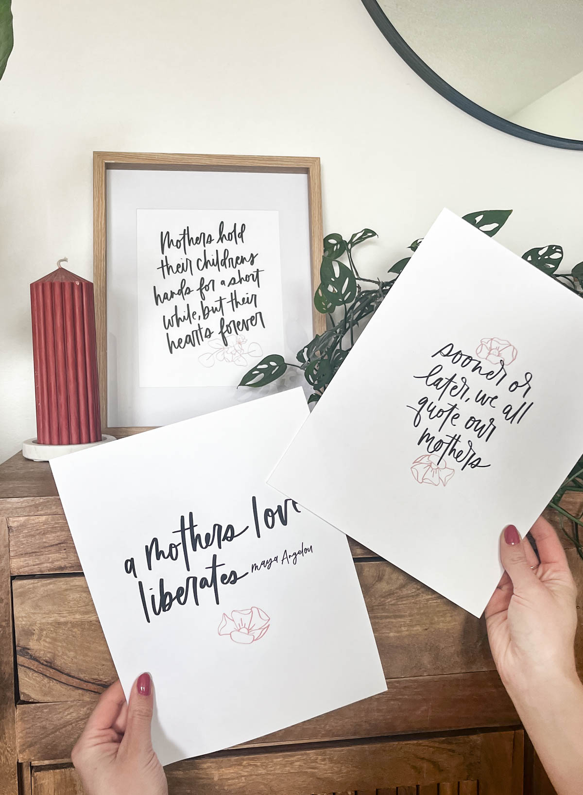 Image of all three printable quotes printed, one framed.