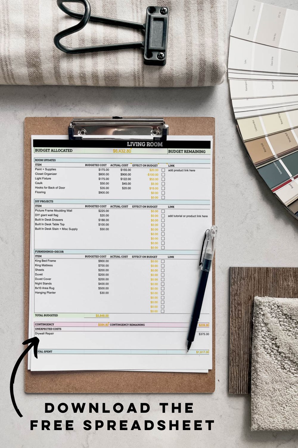 Free room makeover budgeting spreadsheet on clipboard surrounded by room decor samples