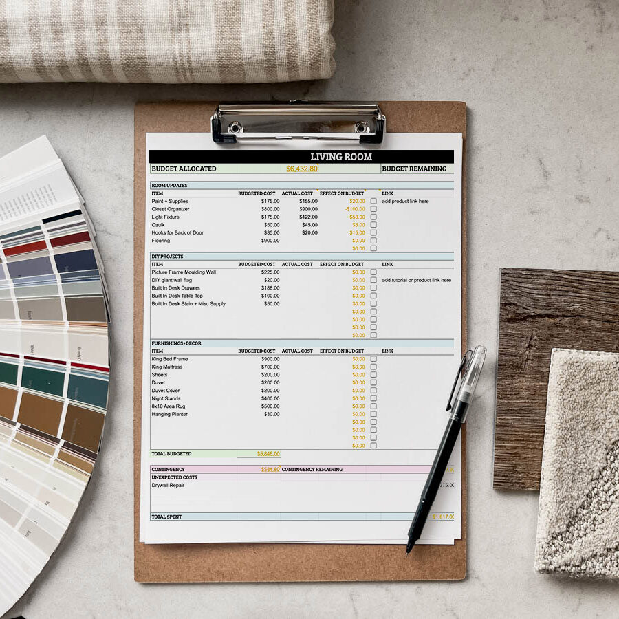 Free room makeover budgeting spreadsheet on a clipboard, surrounded by room design samples