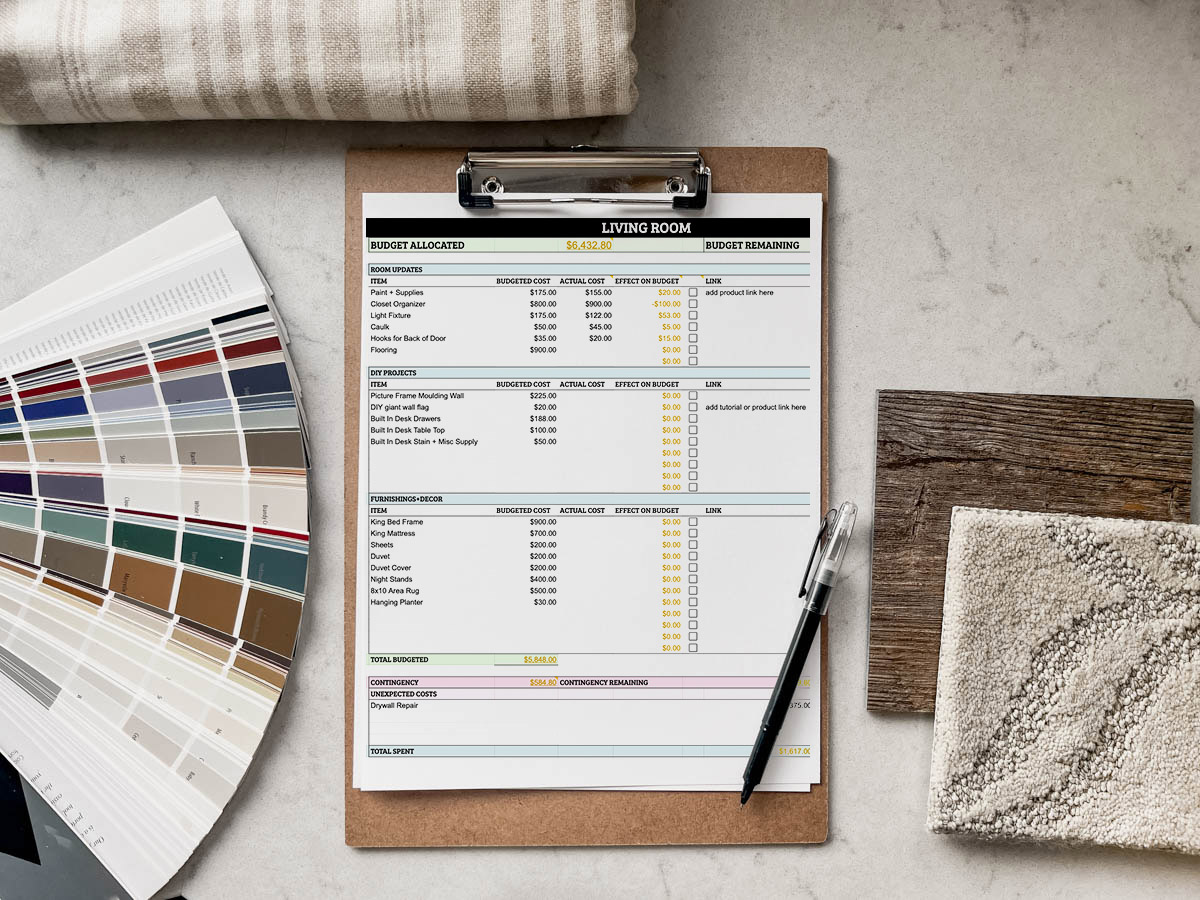 Free room makeover budgeting spreadsheet on a clipboard, surrounded by room design samples