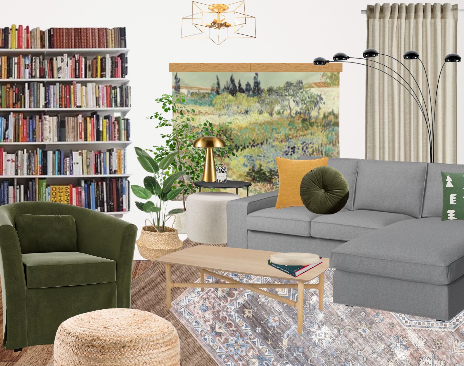 Living Room design board with grey couch, green chair and bookshelf with layered lighting